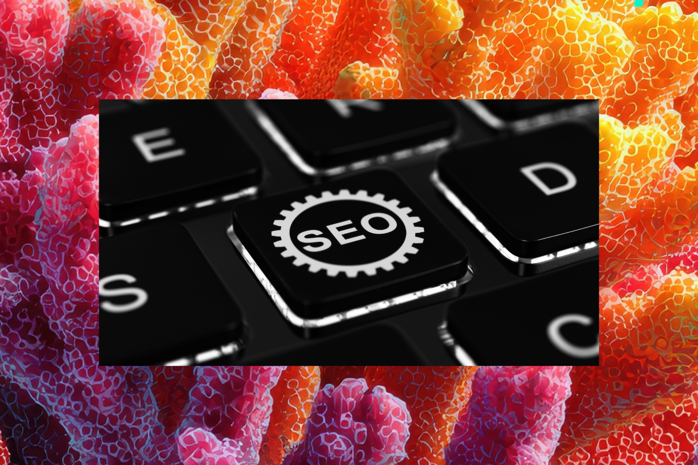 Close-up of a keyboard with an “SEO” gear key, symbolizing strategies to appear in AI overviews and optimize content for Google’s generative search results.