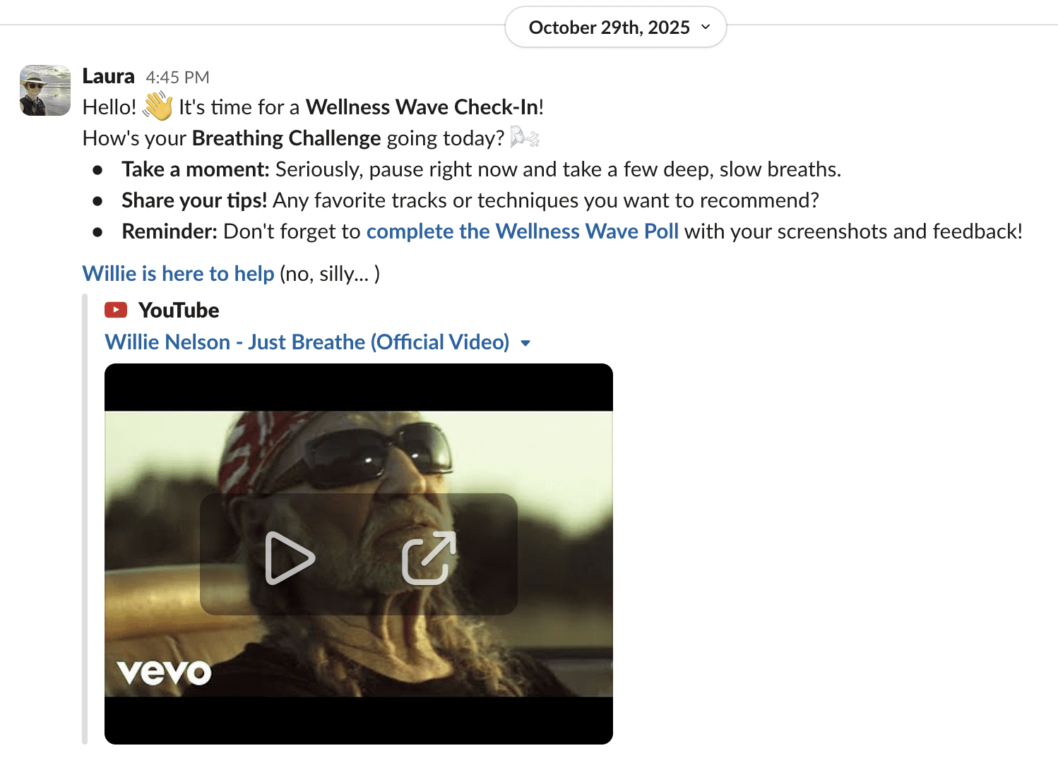 Slack message showing the weekly check in for the big Sea wellness wave challenge