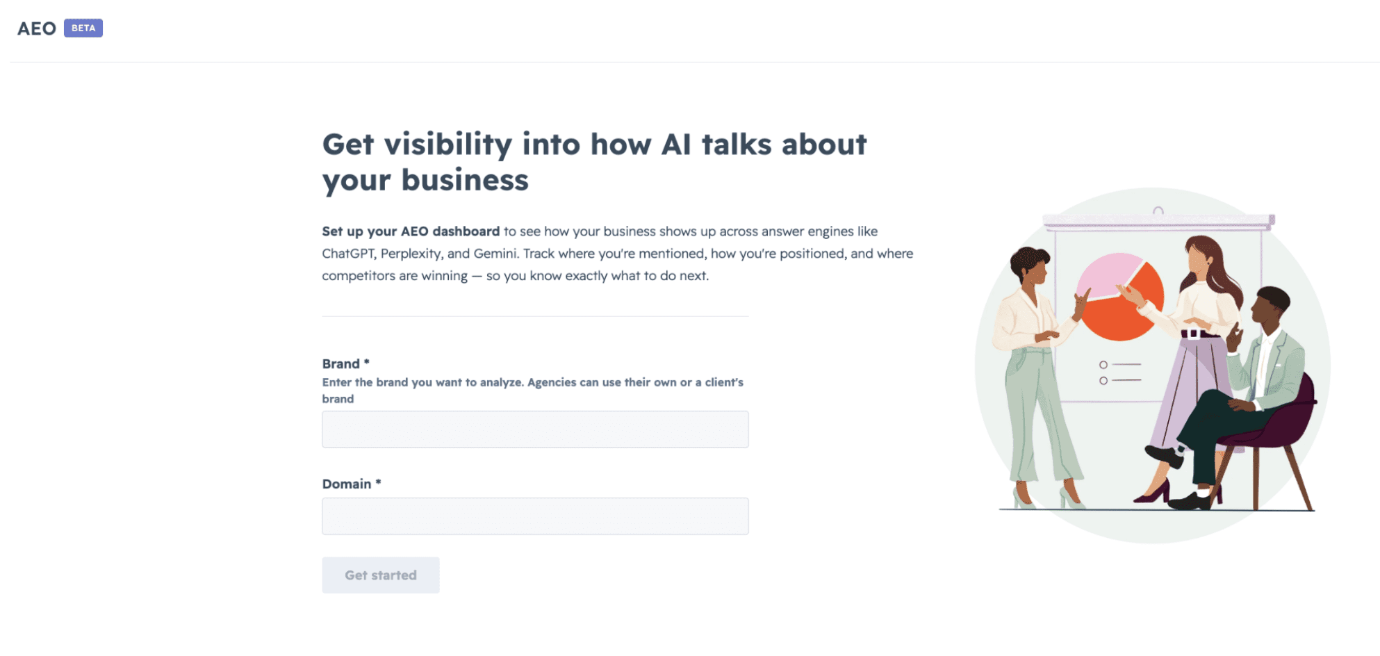 Screenshot of HubSpot's AEO Grader beta tool setup page, showing fields to enter a brand and domain to analyze how a business appears across AI search platforms such as ChatGPT, Perplexity, and Gemini.