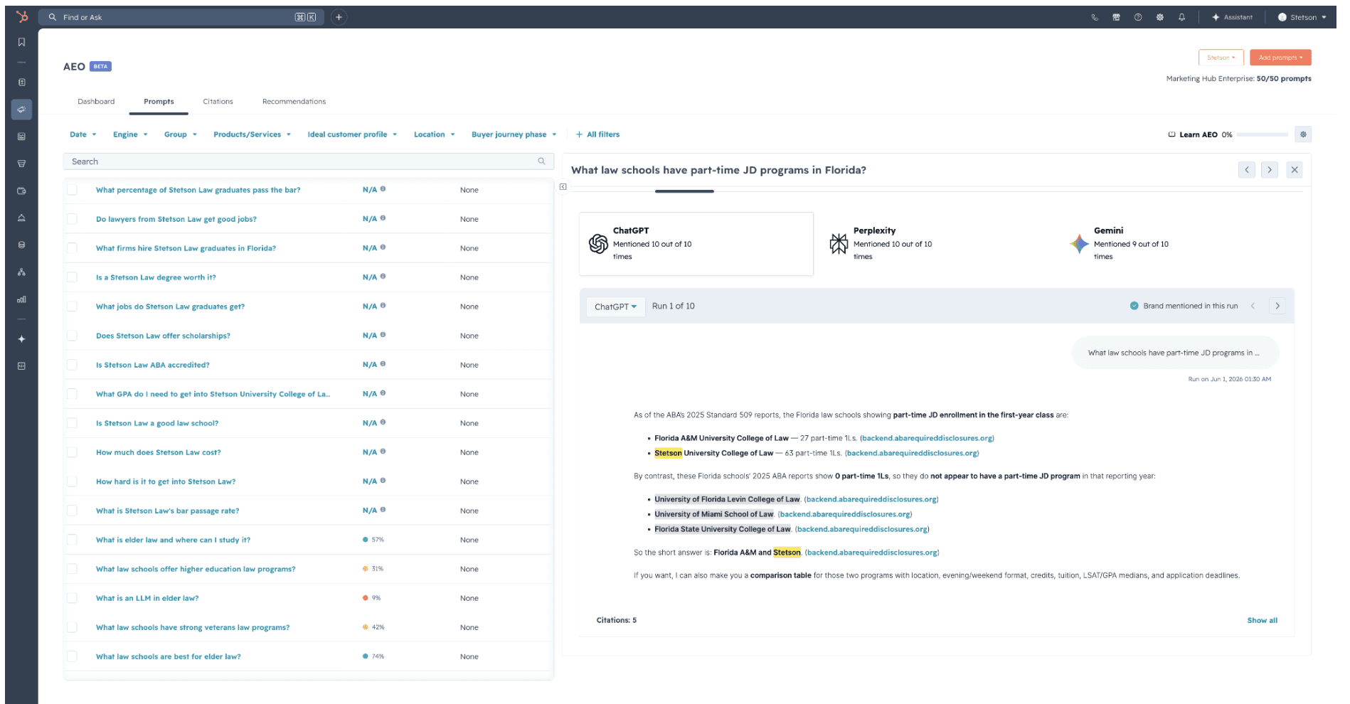 Screenshot of HubSpot's AEO Grader beta tool showing results of where the brand appears in AI answers.