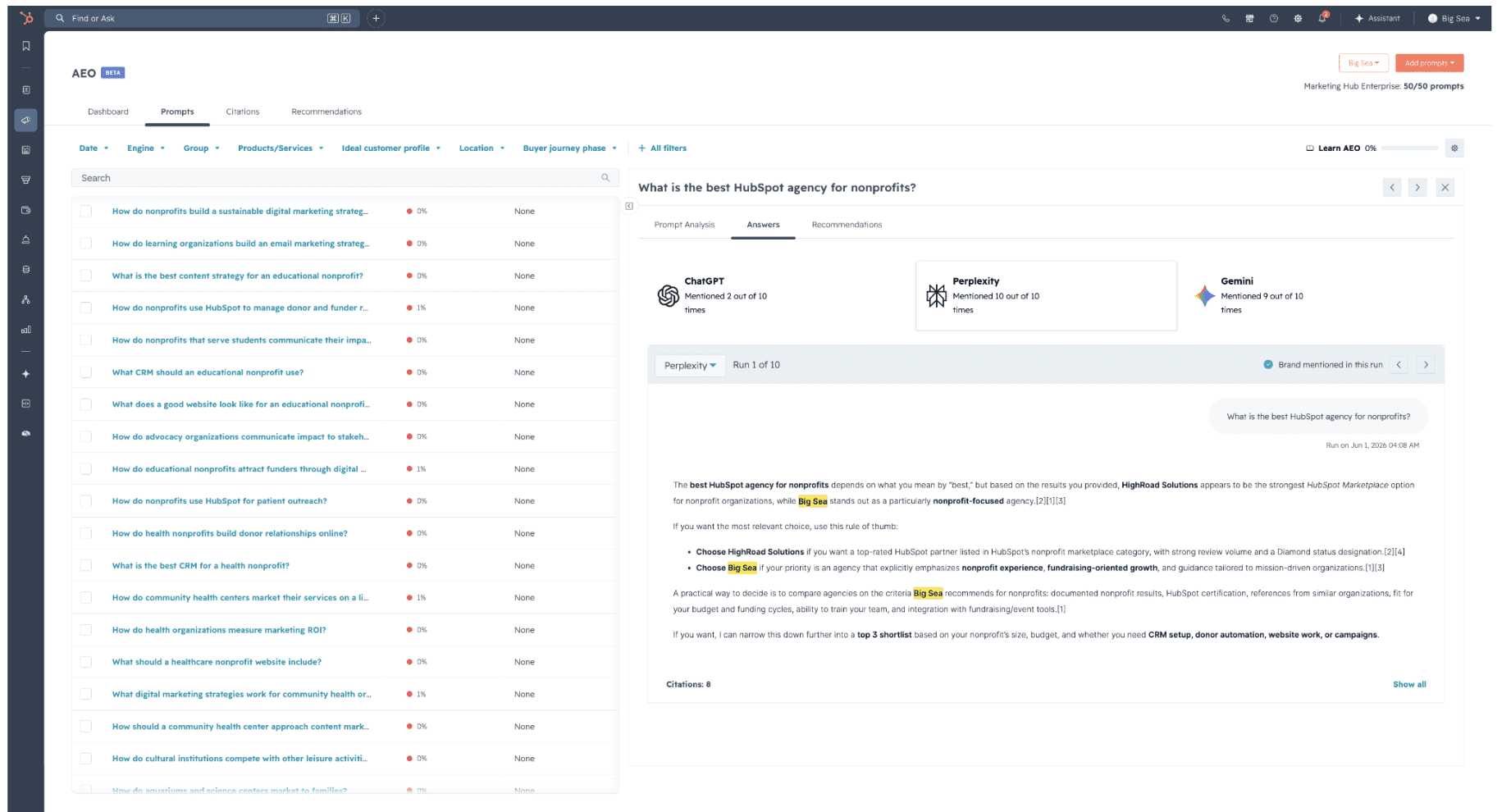 Screenshot of HubSpot's AEO Grader beta tool showing results of where the brand appears in AI answers.