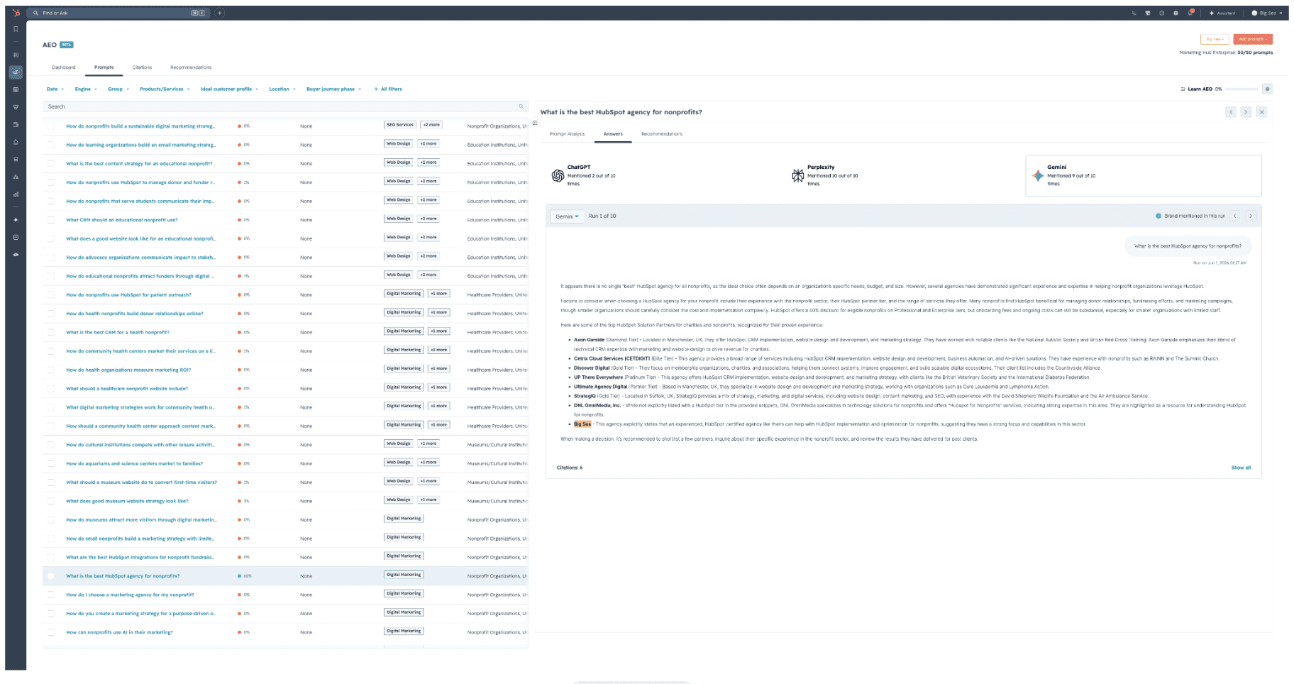 Screenshot of HubSpot's AEO Grader beta tool showing results of where the brand appears in AI answers.