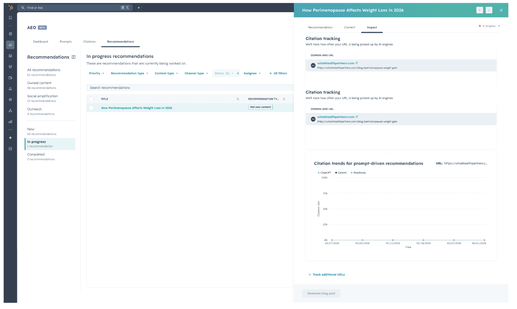 Screenshot of HubSpot's AEO Grader beta tool showing citation tracking